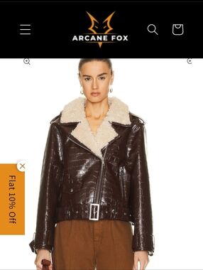 Stand Studio Dark Brown Croc-Embossed Leather Jacket with Cream Shearling Collar